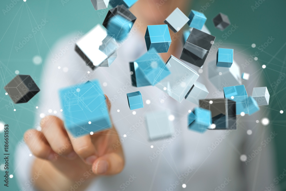 Poster Businesswoman using floating blue shiny cube network 3D rendering
