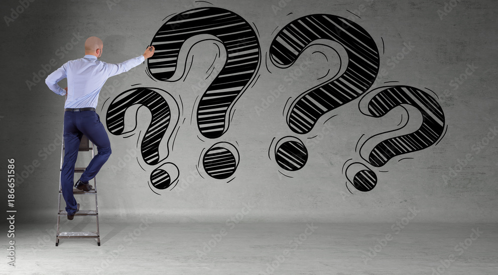 Poster businessman drawing a question mark sketch on a wall 3d rendering