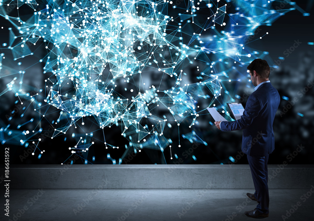 Poster Businessman watching connection network on a rooftop 3D rendering