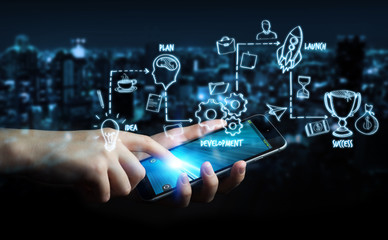 Businessman using manuscript project presentation with his phone