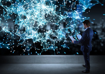 Businessman watching connection network on a rooftop 3D rendering