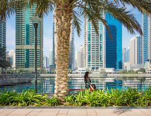 A girl sitting under the palm at Jumeirah Lake Towers in Dubai