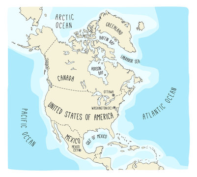 Hand drawn vector map of North America. Blueprint style cartography of North America including Mexico, United States and Canada