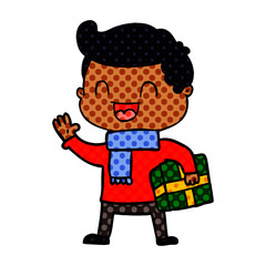 Obraz premium cartoon laughing man holding gift