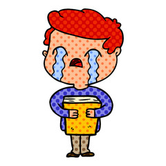 cartoon man crying holding book