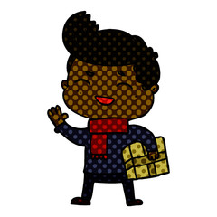 cartoon man laughing carrying parcel