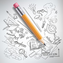 Vector realistic pencil on paper with sketch creative education, science, school hand drawn doodles symbols. Concept of idea, study, research and development. White background illustration