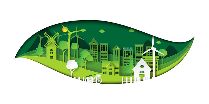 Green eco city and environment conservation concept design with leaf shape of paper art style.Vector illustration.