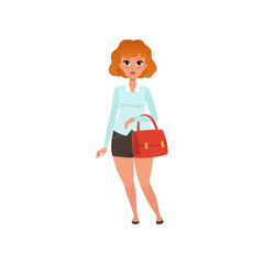Fat red-haired lady with handbag. Cartoon character of caucasian wearing short black skirt and blue blouse. Full-length portrait. Colorful flat vector design
