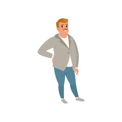 Fat adult man with mustache posing isolated on white. Cartoon character of caucasian male in gray cardigan, t-shirt and blue jeans. Isolated flat vector design