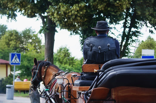 Wagoner with leather hat sitting in a carriage