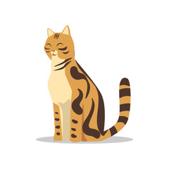 Fototapeta na wymiar Purebred brown-spotted bengal cat. Cartoon domestic animal character with happy muzzle. Flat vector design for postcard or poster of veterinary clinic