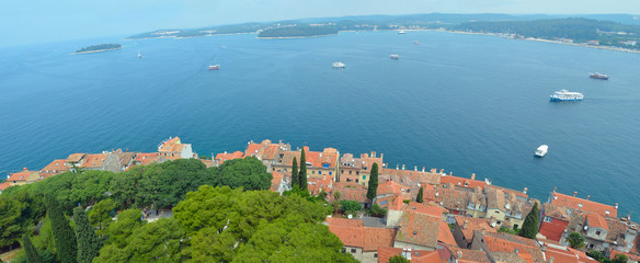 Panorama of Rooves  of the old Town of Rovinj  terracotta tiles and satellite  dishes. looking towards Amarin.