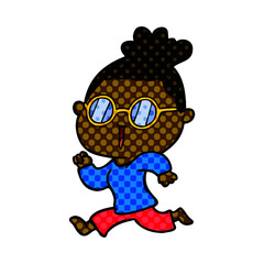 cartoon running woman wearing spectacles