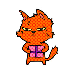 tough cartoon cat with christmas present