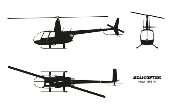 Black silhouette of helicopter on white background. Top, front and side view. Detailed image of business vehicle.  Industrial isolated drawing