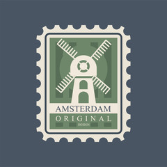 Rectangular postmark with windmill. Main symbol of Amsterdam city. Graphic icon in green color. European architecture attraction. Flat vector design
