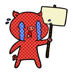crying pig cartoon with protest sign
