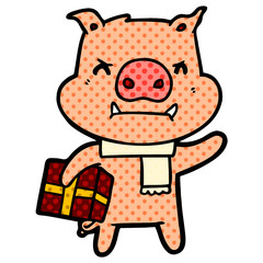 angry cartoon pig with christmas gift