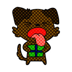 cartoon dog with christmas present