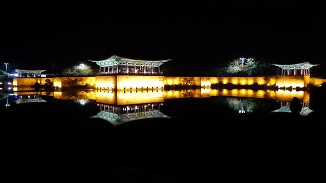 Pavilion of the Donggung Palace at Anapji lake at night. Gyeongju, South Korea.