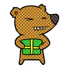 angry bear cartoon with gift