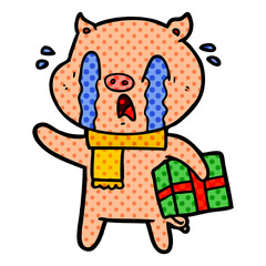 Naklejka premium crying pig cartoon delivering christmas present