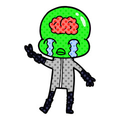 cartoon big brain alien crying and giving peace sign