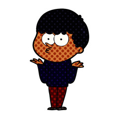 cartoon curious boy shrugging shoulders