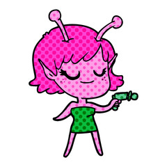 smiling alien girl cartoon pointing ray gun