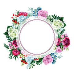 Bouquet flower wreath in a watercolor style. Full name of the plant: rose, peony. Aquarelle wild flower for background, texture, wrapper pattern, frame or border.