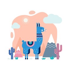 Lama card with mountains and cactus in vector.