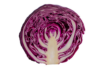 White isolated background with clipping paths of half fresh red cabbage in side view to present surface or texture in close up view, macro concept. Prepare vegetable for cooking cabbage salad.