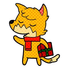 friendly cartoon fox with christmas present
