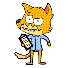 cartoon grinning fox with clipboard