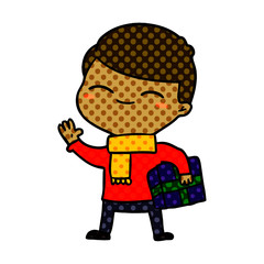 cartoon smiling boy with gift