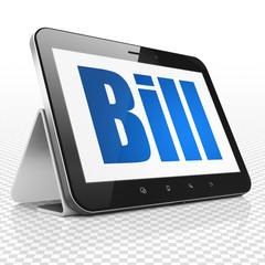 Money concept: Tablet Computer with blue text Bill on display, 3D rendering