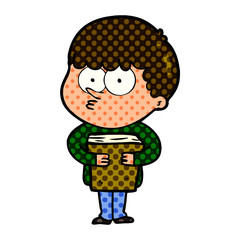 cartoon curious boy holding a book