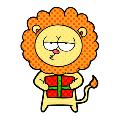 cartoon bored lion with present