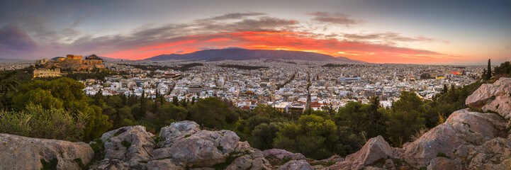 View of Acropolis from Filopappou hill at sunrise, Greece. 
