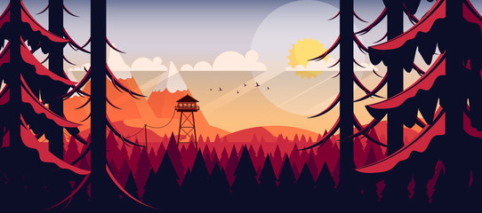 Vector Art Landscape with Fire Lookout Tower