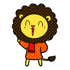 laughing lion cartoon in winter clothes