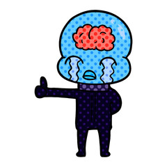 cartoon big brain alien crying but giving thumbs up symbol