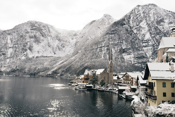 Beautiful winter day at Hallstatt, Austria. Sunny weather at wintertime.