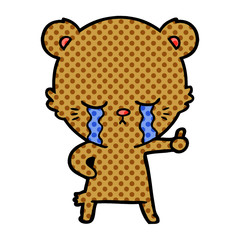 crying cartoon bear giving thumbs up