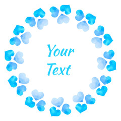 Watercolor hearts design element. Colorful frame from watercolor hearts. Colorful watercolor romantic card template. Rainbow circle shape drawn with paints.