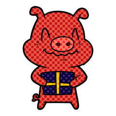 nervous cartoon pig with present
