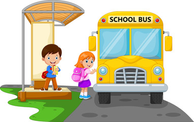 Back to school. Vector illustration of cartoon kids going to school