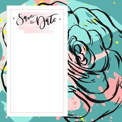 Hand drawn vector abstract creative unusual universal save the date card template with graphic flowers and succulents in pastel colors.Hand made textures.Wedding,anniversary,birthday,party invitation