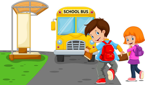 Back to school. Vector illustration of cartoon kids going to school with school bus